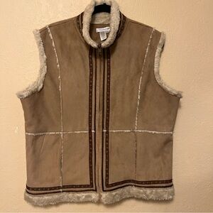 Coldwater Creek Women’s XL Vest Faux Suede & Faux Fur Ribbon Trim Pockets
